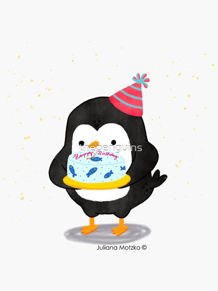 Festive penguin with a birthday fish cake by thepenguins