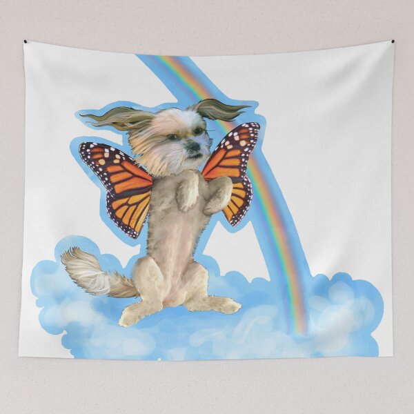 Item preview, Shih Tzu Puppy Dog with Monarch Butterfly wings on a cloud under a Rainbow designed and sold by Mutantland.