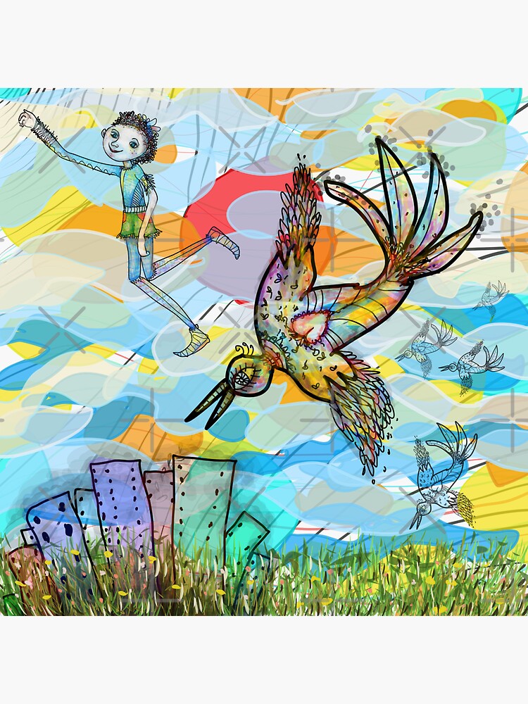Thumbnail 3 of 3, Sticker, The Boy, The Bird and the Flying Dream (II) designed and sold by Arema Arega.