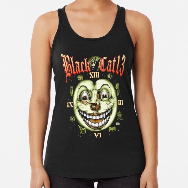 Black Cat 13 Halloween Clock Racerback Tank Top