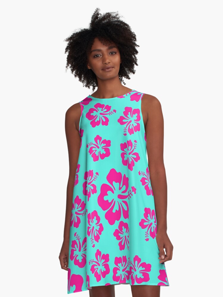 Bright Aqua blue pink Hibiscus Hawaiian Flower Aloha A Line Dress for Sale by funnytshirtemp Redbubble