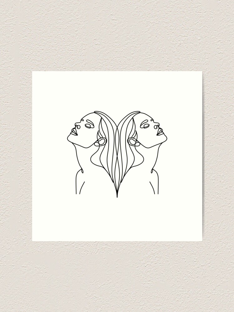 Gemini Horoscope Sign Zodiac Symbol Two Girls Face Twins Women Together Two Identical Female Line Art Linear Drawing Art Print By Onelineprint Redbubble