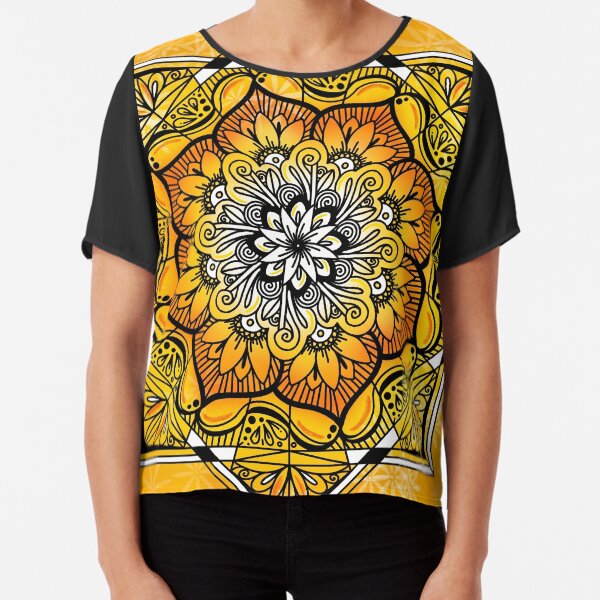 Orange Golden Floral Pattern Chiffon Top