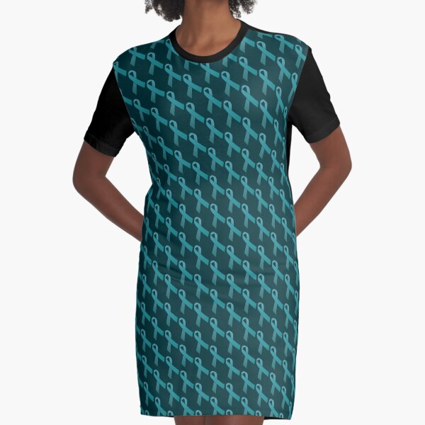 Teal Ribbon Tiled Pattern Graphic T-Shirt Dress