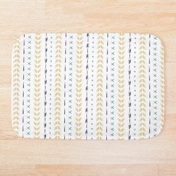 White yellow and blue boho tribal mudcloth pattern Bath Mat