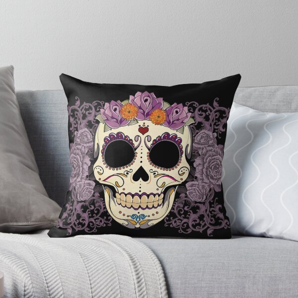 Vintage Skull and Roses Throw Pillow
