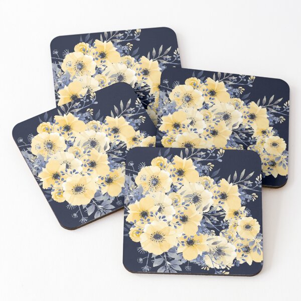 Item preview, Floral Watercolor Print, Yellow and Navy Blue, Design Prints designed and sold by meggydesigns.