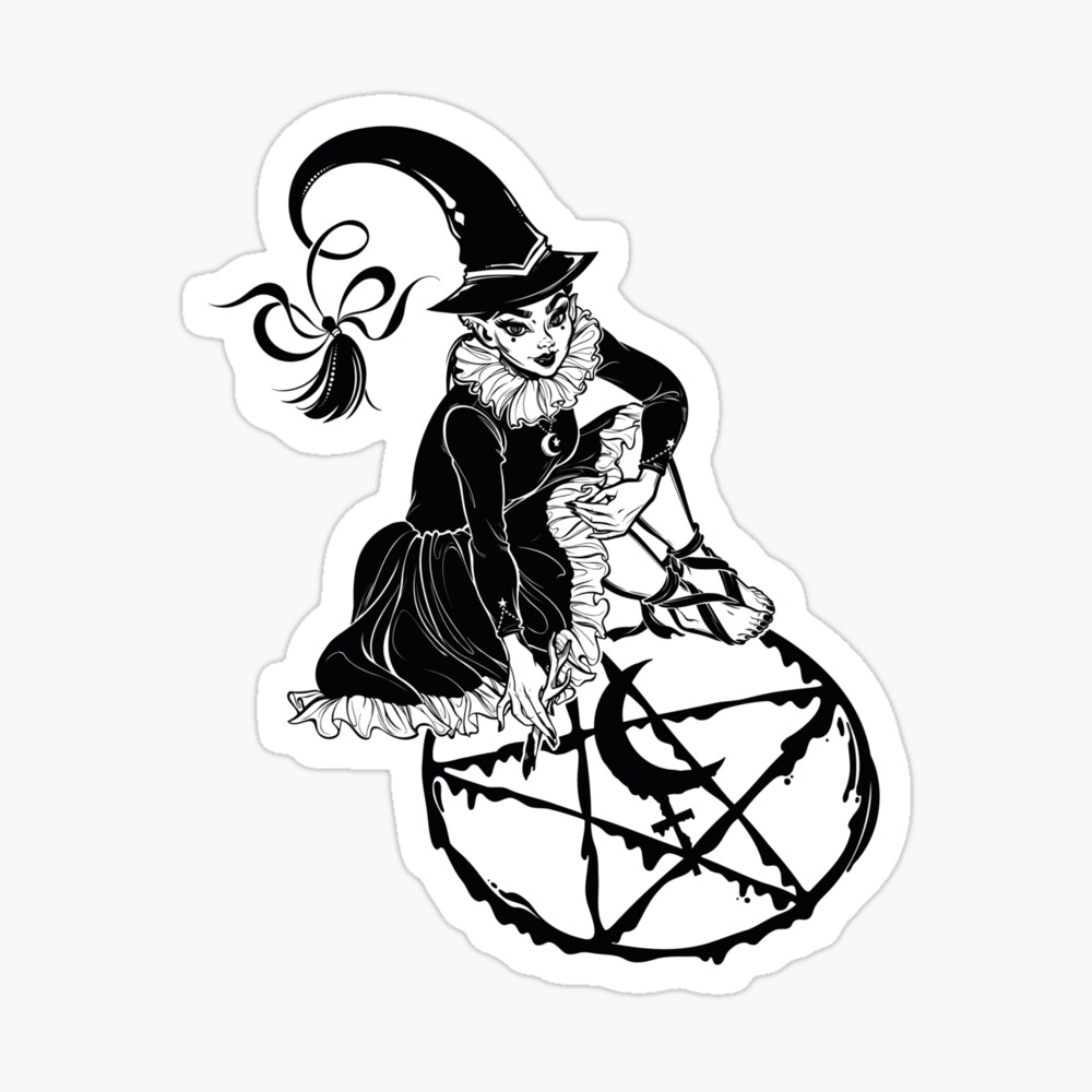 Witch woman drawing a pentagram, black moon sign inside. Magic