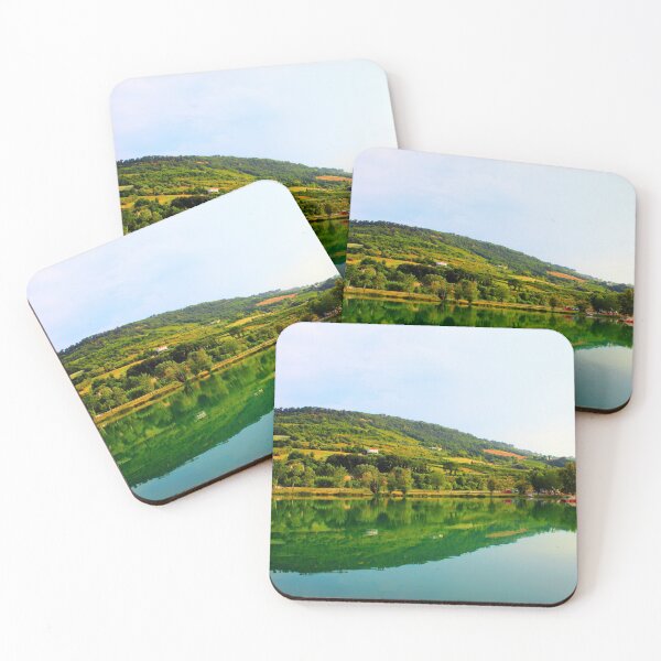 Item preview, Classic panorama with Marche hilly landscape, emerald waters of the lake, tree silhouette and lush vegetation designed and sold by Kristina Drozd.