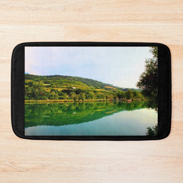 Item preview, Classic panorama with Marche hilly landscape, emerald waters of the lake, tree silhouette and lush vegetation designed and sold by Kristina Drozd.