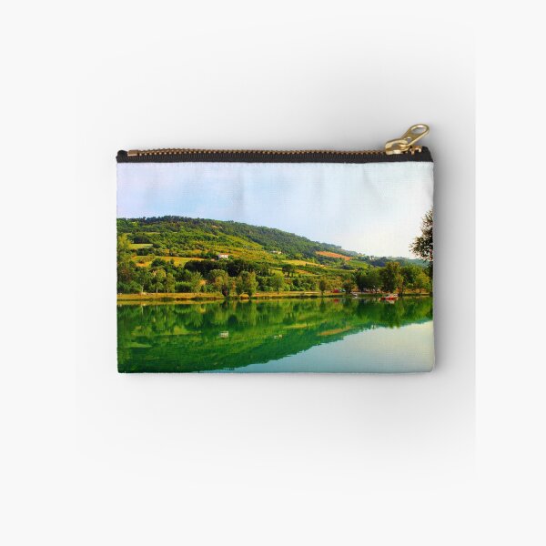 Item preview, Classic panorama with Marche hilly landscape, emerald waters of the lake, tree silhouette and lush vegetation designed and sold by Kristina Drozd.