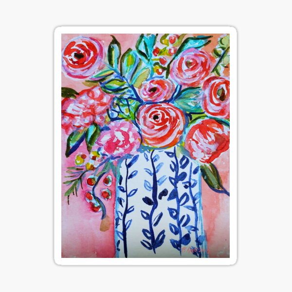 Pink flowers abstract flowers in a blue and white vase Sticker