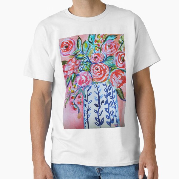 Pink flowers abstract flowers in a blue and white vase Classic T-Shirt