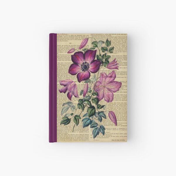Botanical print, on old book page - clematis Hardcover Journal