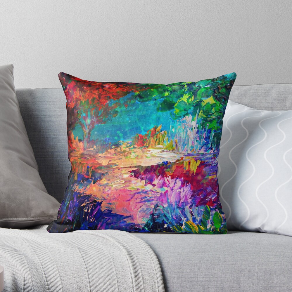 WELCOME TO UTOPIA Bold Rainbow Multicolor Abstract Painting Forest Nature Whimsical Fantasy Fine Art Throw Pillow
