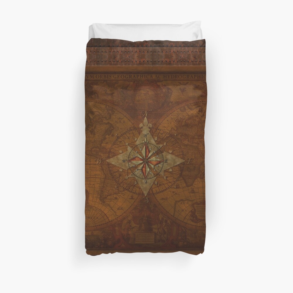 Steampunk Compass Rose & Antique Map Duvet Cover