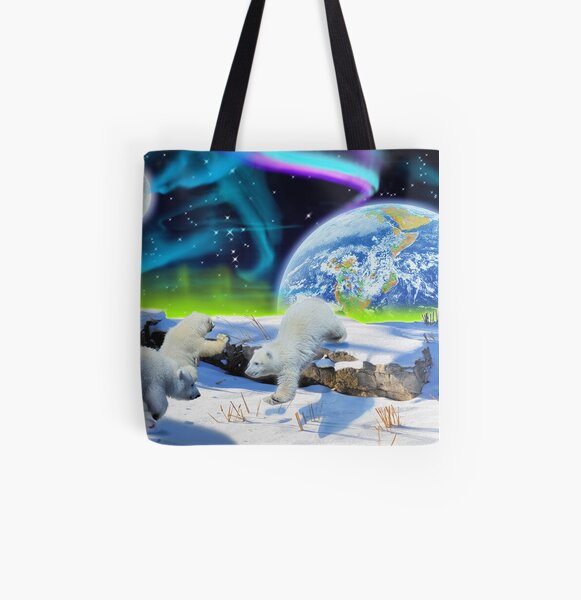 Three Playful Polar Bear Cubs & Aurora Earth Day Art All Over Print Tote Bag