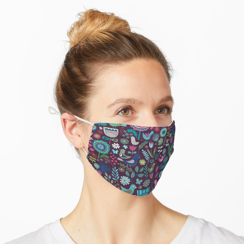 Birds and Blooms - blueberry - pretty floral bird pattern by Cecca Designs Mask