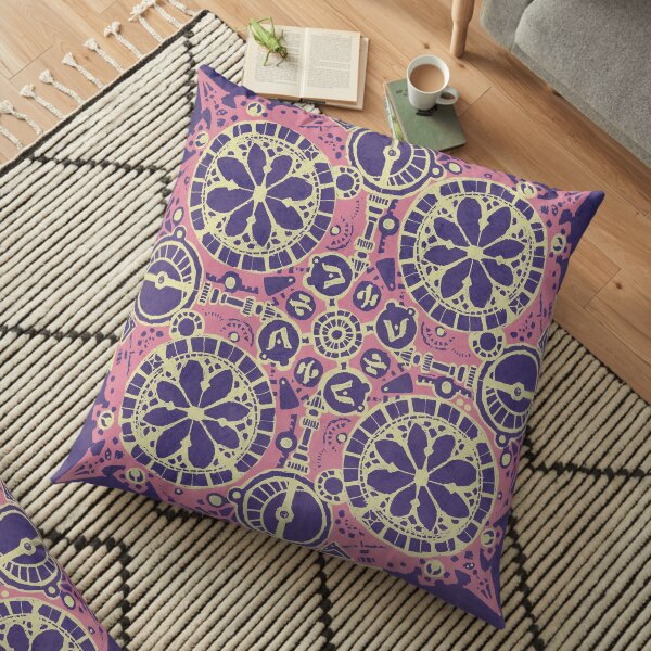 Abstract Inked Machinery, Pink on Purple Floor Pillow