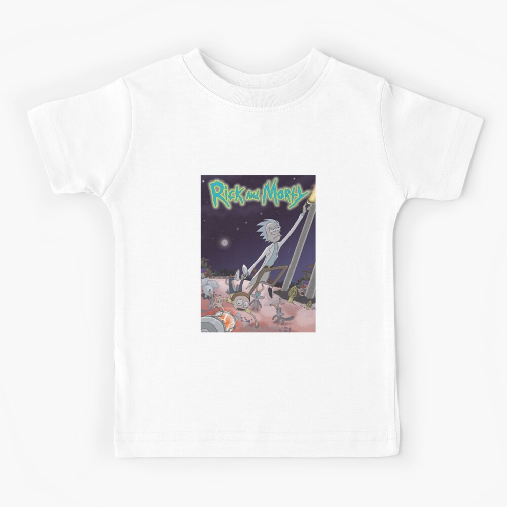 Rick and Morty mushroom world scene on white Kids T-Shirt