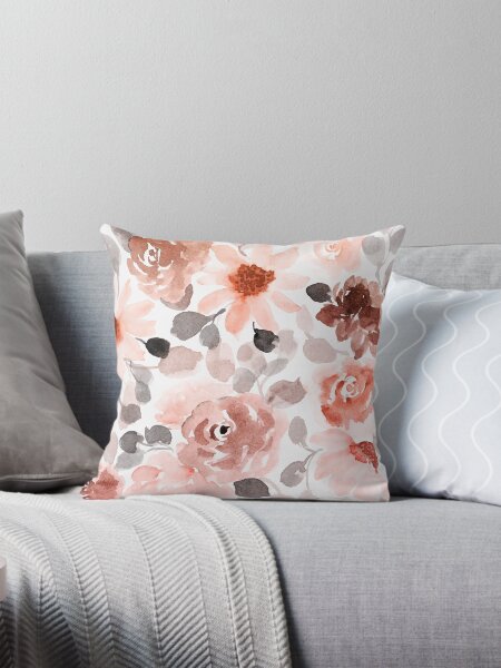 Floral, Watercolor, Soft, Pastel, Rose Gold, Blush Pink and Gray Throw Pillow