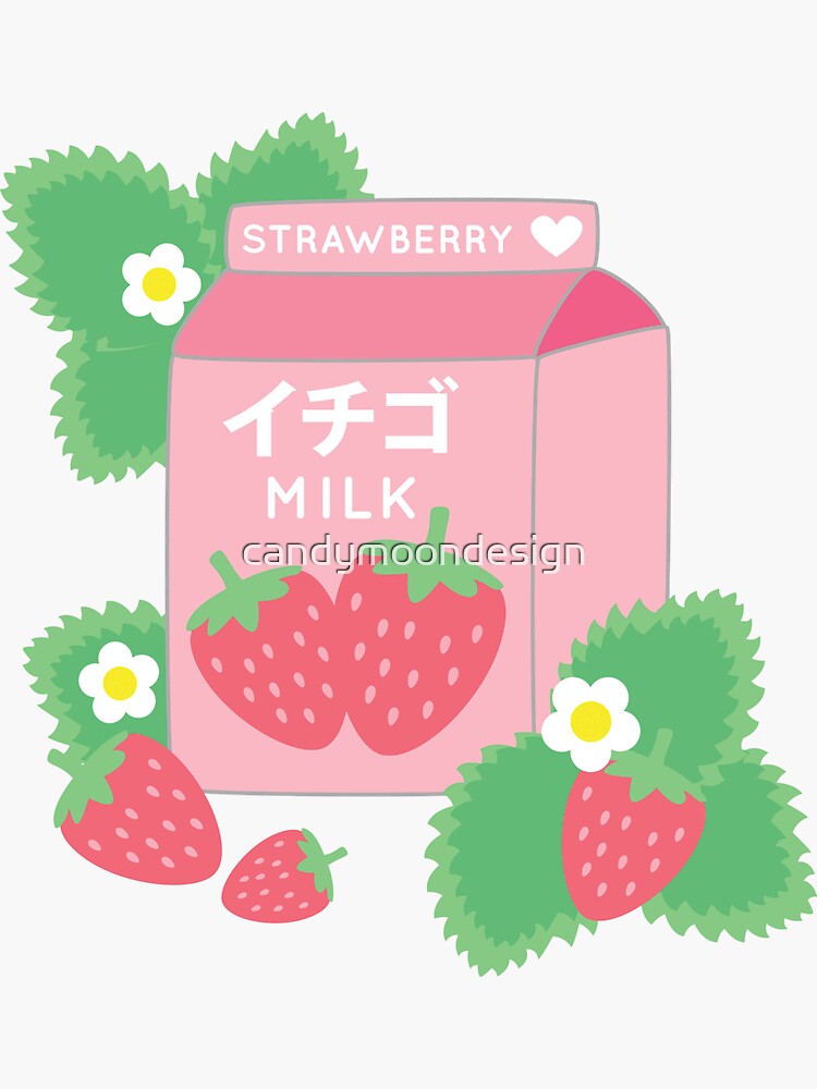 "Strawberry Milk Kawaii Cute Strawberries Pink Dots" Sticker by