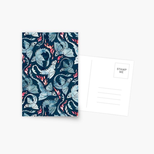 in blauem und rotem Aquarell auf einem dunkelblauen Hintergrund.
Postkarte
