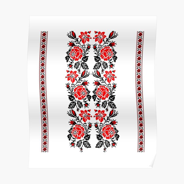 European Ukrainian Ladies Embroidery Floral Design Red Black Flowers Ukrainian Souvenir For Her Poster