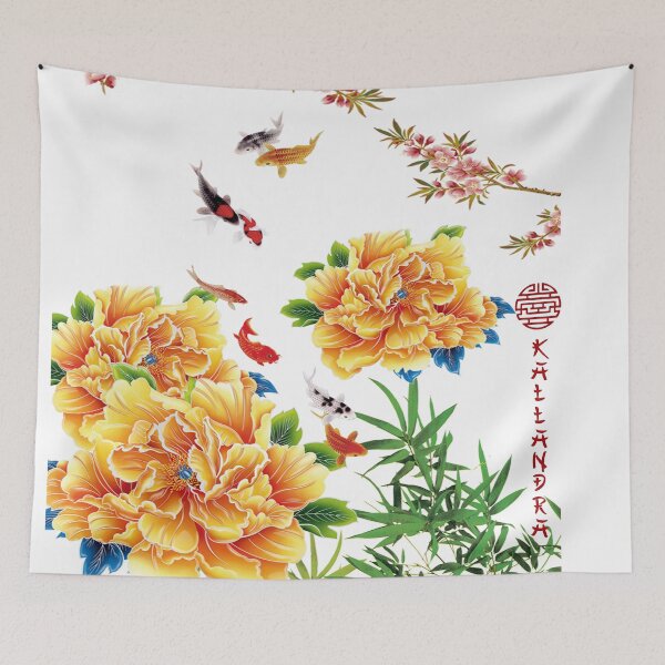 Item preview, Chinese ink painting - yellow peonies peony fish birds designed and sold by Kallandra.