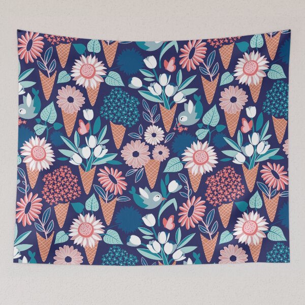 Item preview, Midsummer I scream flower cones // navy blue background pink coral and aqua and teal flowers bouquets designed and sold by SelmaCardoso.