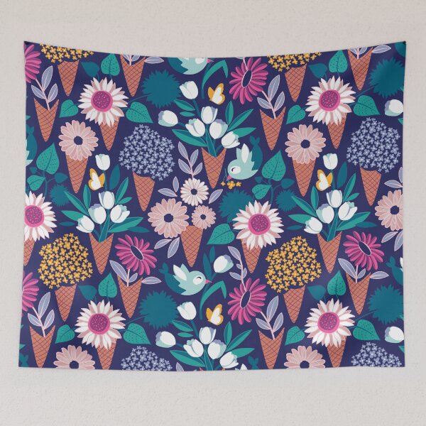 Item preview, Midsummer I scream flower cones // navy blue background pink magenta yellow and teal and violet flowers bouquets designed and sold by SelmaCardoso.