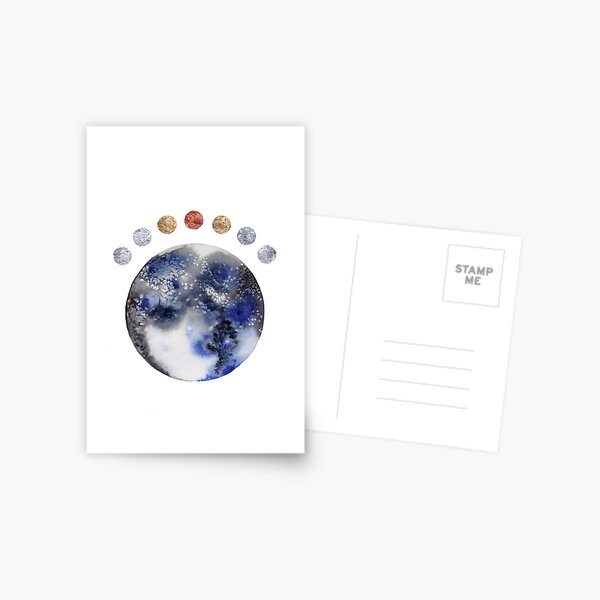 Abstract Planet Moons in Black, Blue. Gold, Silver, and Copper Postcard