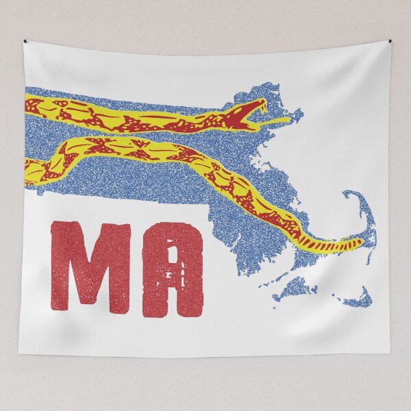 Artikelvorschau,  Vintage Retro-Stil Massachusetts Gadsden Klapperschlange - Distressed Blue Silhouette des Bundesstaates Massachusetts mit einer modifizierten Version der Gadsden-Schlange im Inneren zusammen mit Distressed Red "MA" State Abkürzung. - entworfen von pelagi entworfen und verkauft von pelagio.