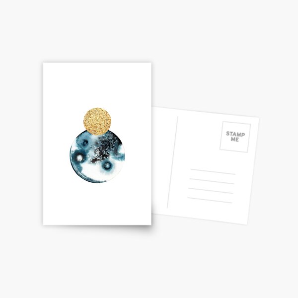 Abstract Overlapping Planet Moons in Black, Blue. and Gold Postcard