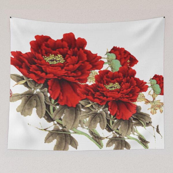 Item preview, Chinese ink painting - dark red wild rose branch - art print red designed and sold by Kallandra.