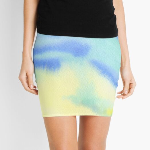 Watercolor Hand Painted Blue Yellow Green Abstract Background Mini Skirt