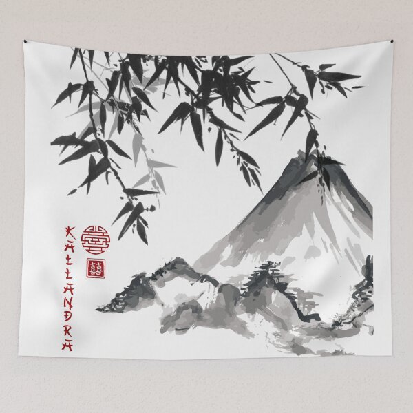 Item preview, Chinese ink painting - mountain landscape with bamboo ink painting designed and sold by Kallandra.