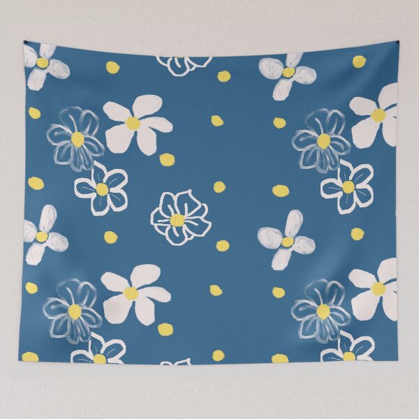 Item preview, White Daises and Yellow Polka Dots with Blue Background designed and sold by RepeatCandy.