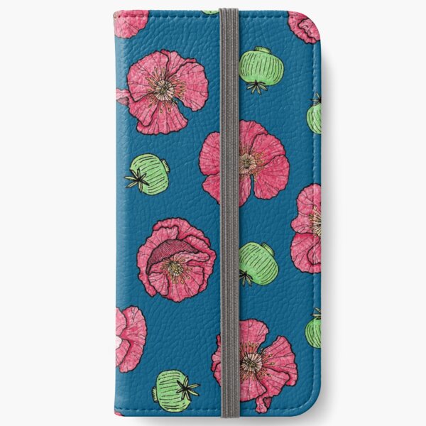 Poppies flowers and seeds pattern - blue iPhone Wallet
