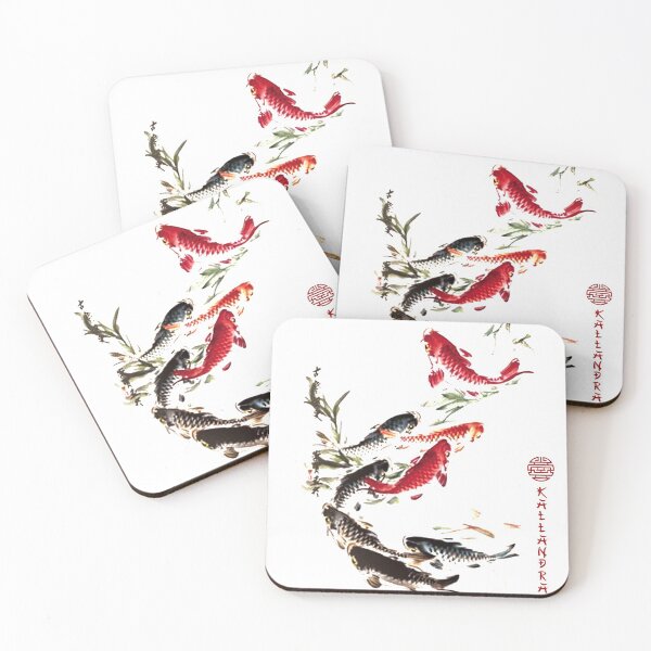 Item preview, Colored china painting with red and black koi carp ink painting designed and sold by Kallandra.