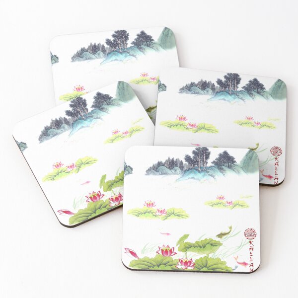 Item preview, Chinese ink painting - landscape with mountains and lotus water lilies designed and sold by Kallandra.