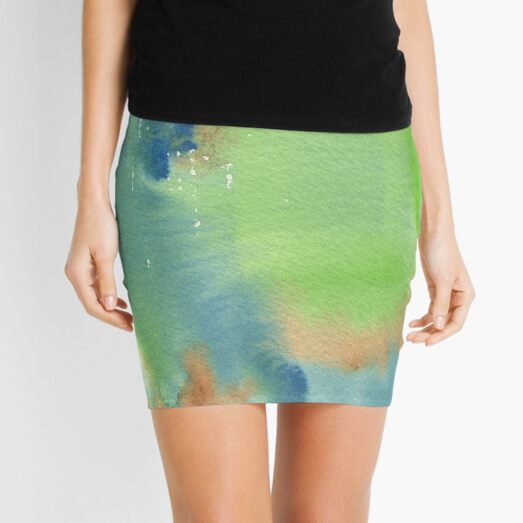 Watercolor Hand Painted Abstract Green Brown Blue Background Mini Skirt