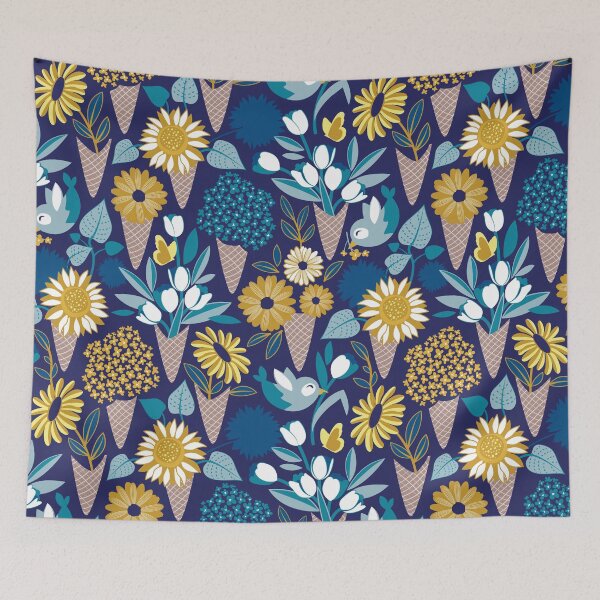 Item preview, Midsummer I scream flower cones // navy blue background blue teal and yellow flowers bouquets designed and sold by SelmaCardoso.