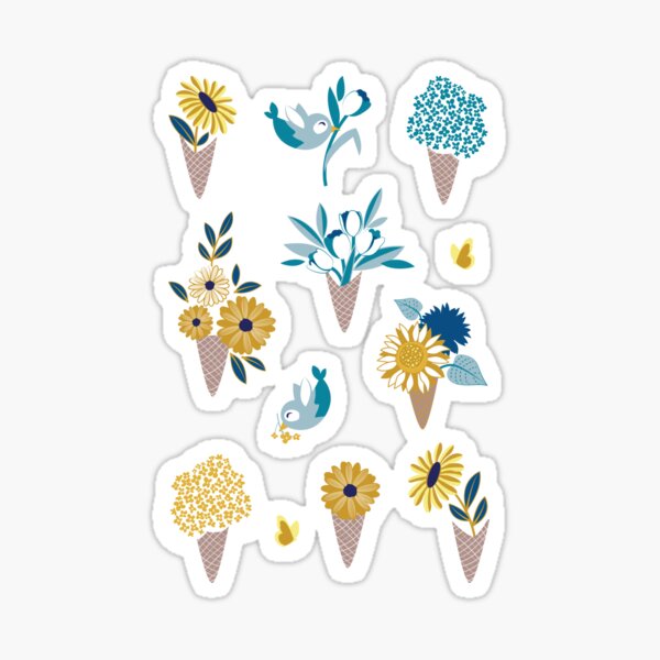 Midsummer I scream flower cones // navy blue background blue teal and yellow flowers bouquets Sticker