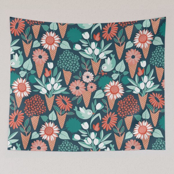 Item preview, Midsummer I scream flower cones // green background green aqua and orange flowers bouquets designed and sold by SelmaCardoso.