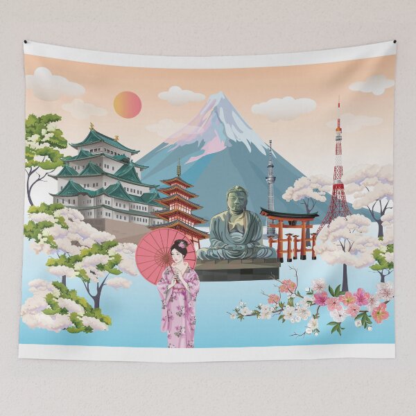 Item preview, A beautiful woman wearing a kimono stands with an umbrella  on Japan's scenery background designed and sold by WeeraS.