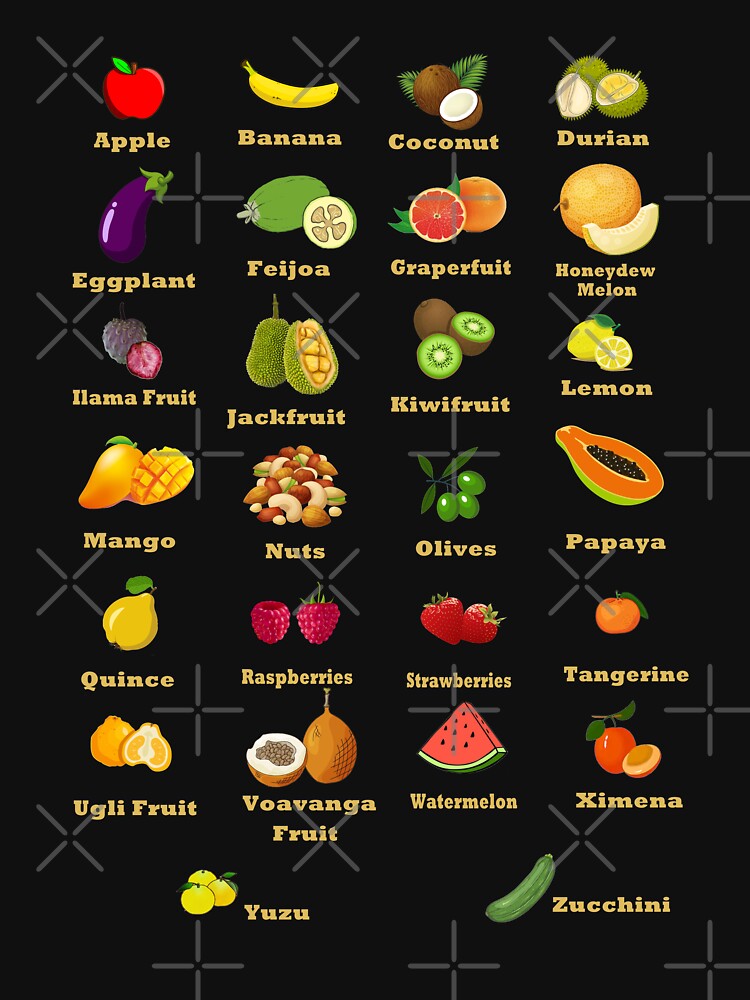 list-of-fruits-from-a-to-z-t-shirt-for-sale-by-levsal-redbubble