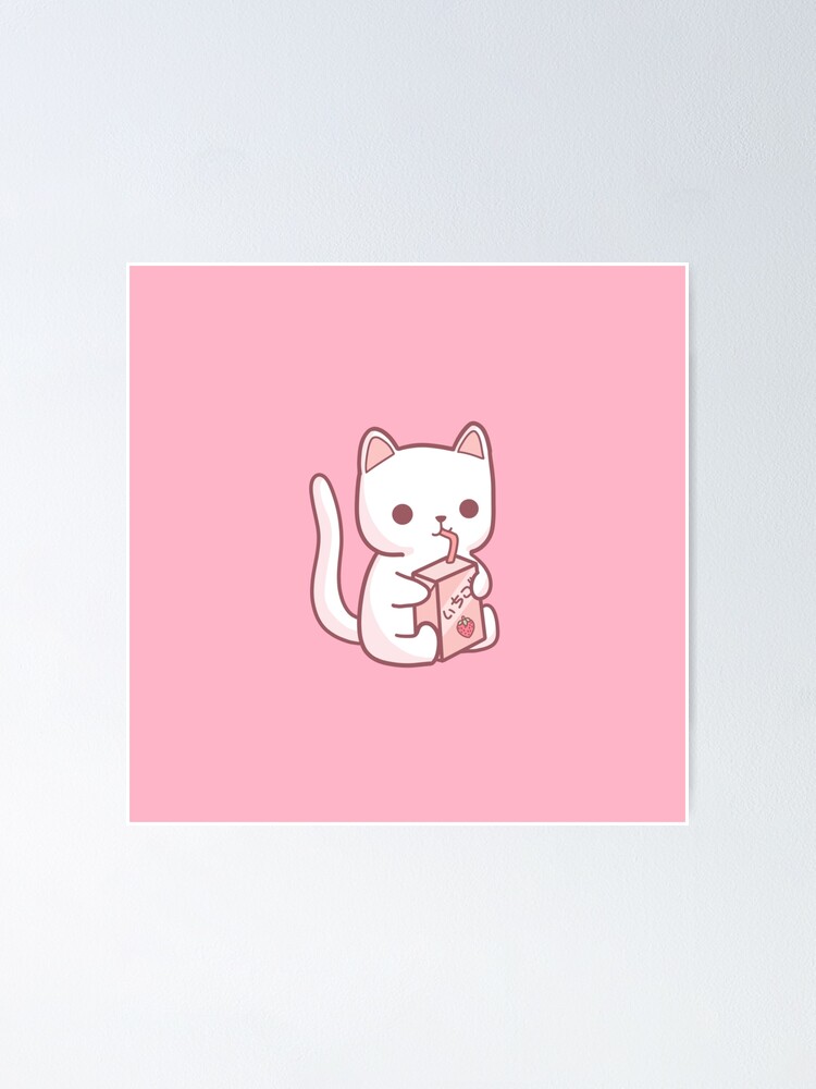 Cat Drinking Strawberry Milk Poster for Sale by DoseOfKawaii