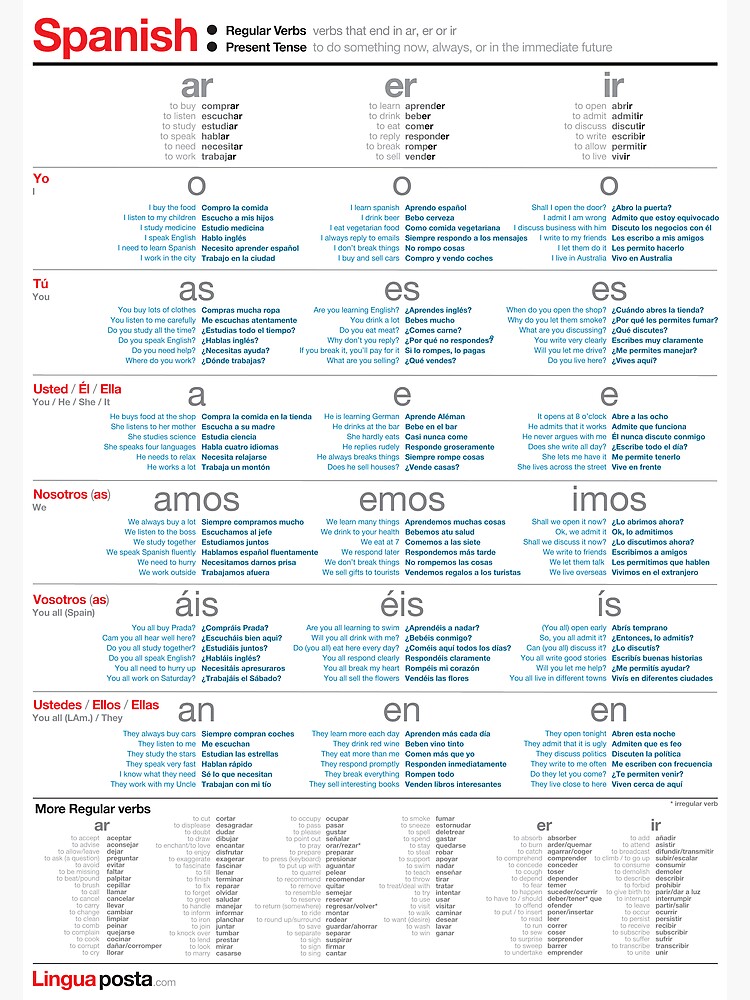 "Learn Spanish - Regular Verbs" Poster By Linguaposta | Redbubble