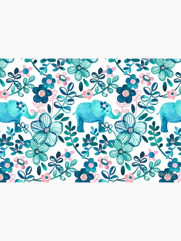 Dusty Pink, White and Teal Elephant and Floral Watercolor Pattern by micklyn
